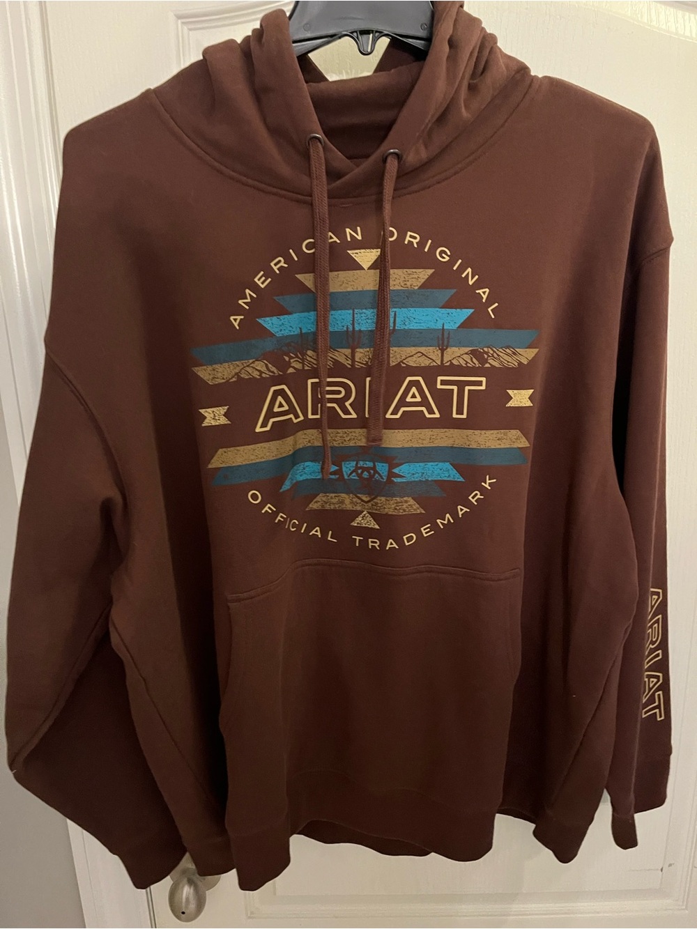 Ariat Brown Pullover Hoodie with Blue and Gold Chest Graphic